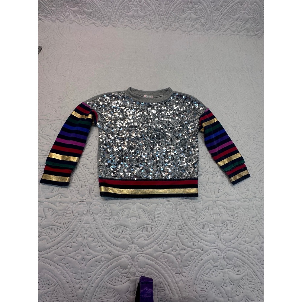Crewcuts Girls Silver Sequin Rainbow Stripe Sweatshirt Gray Size 4-5